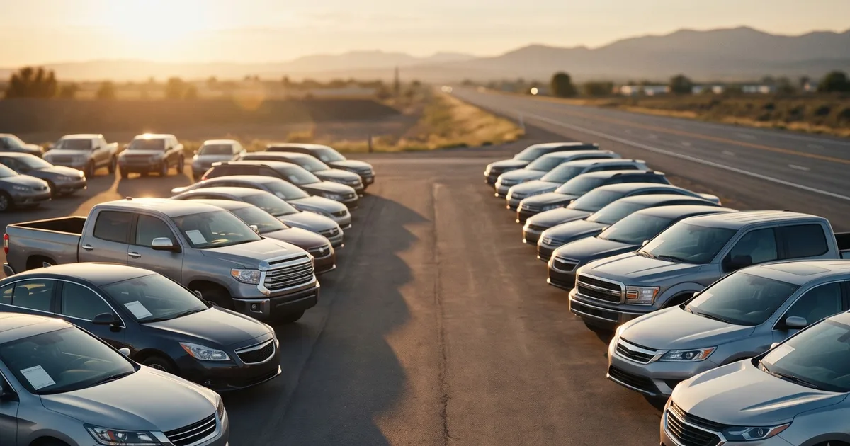 Used cars lined up on a dealership lot with price displays