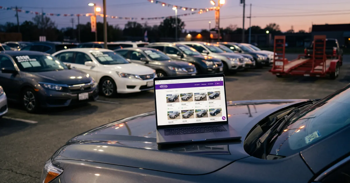 Laptop showing Cars.com used car listings on the hood of a car at a dealership lot at dusk, with an open trailer parked in the background