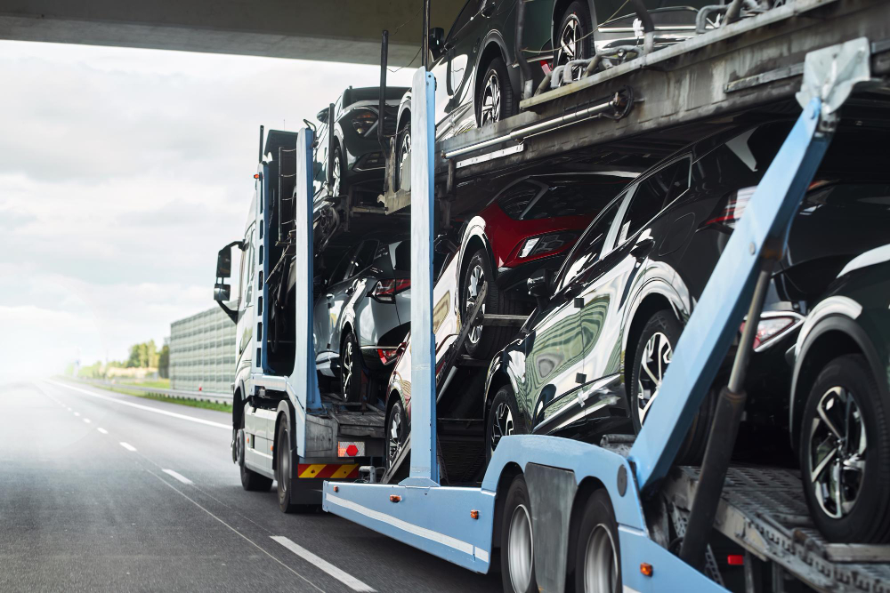 Auto transport insurance certificate and vehicle being loaded onto enclosed carrier