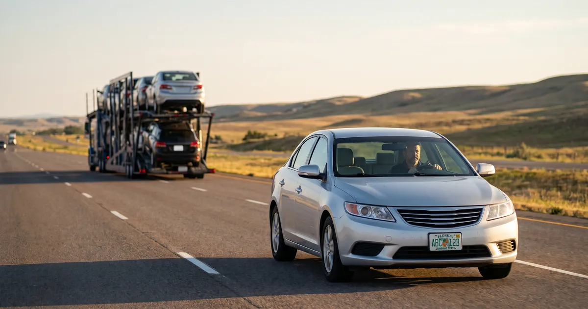 Open car hauler on an interstate highway next to a passenger car, illustrating the choice between driving and shipping