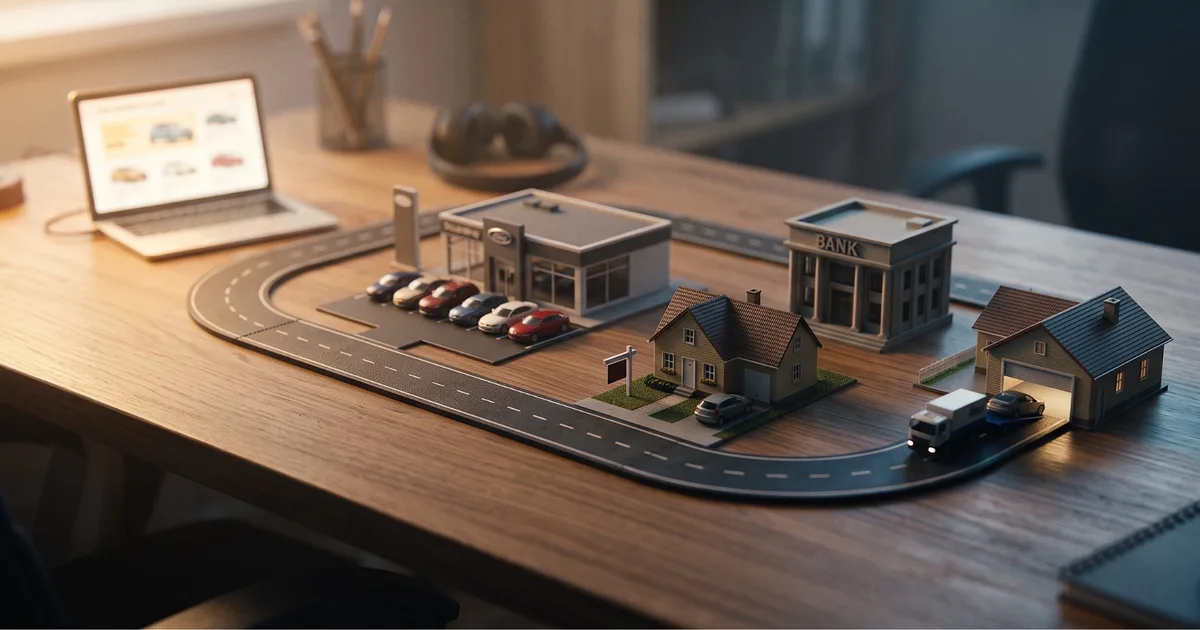 Miniature model of the car buying journey from online marketplace to dealership, bank, and home delivery by transport truck