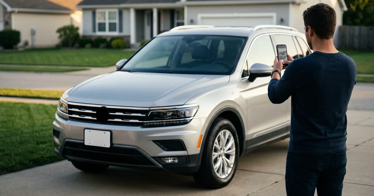 Car owner photographing a clean silver SUV in a driveway to prepare a for-sale listing