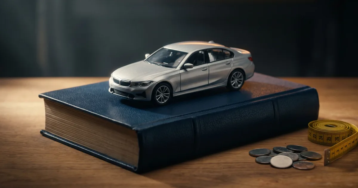 Silver model car sitting on a blue hardcover book next to coins and a measuring tape, symbolizing Kelley Blue Book car valuation