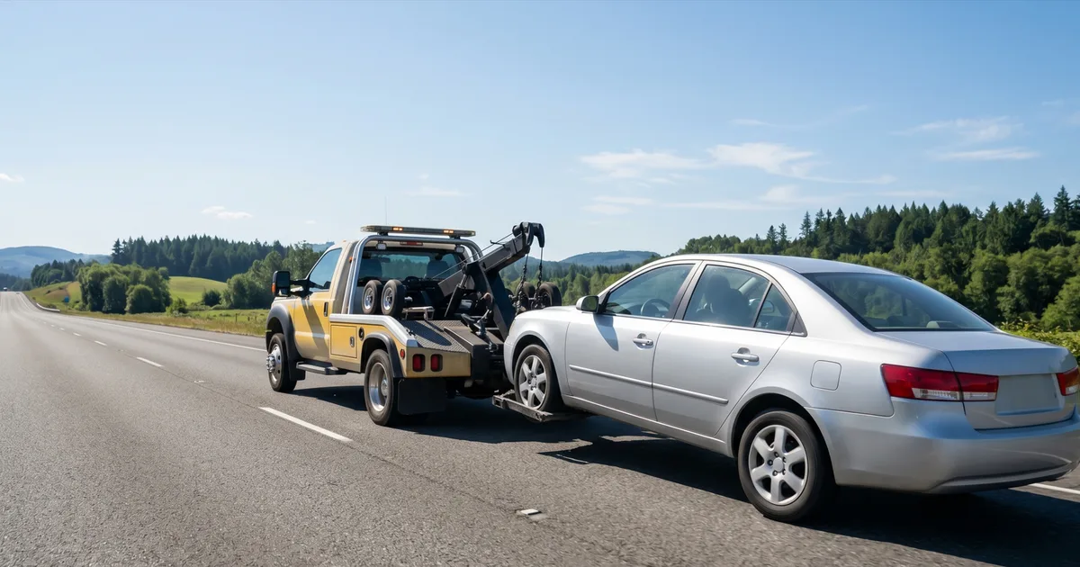 Tow truck towing a silver sedan with its rear wheels on the highway, illustrating long-distance vehicle towing
