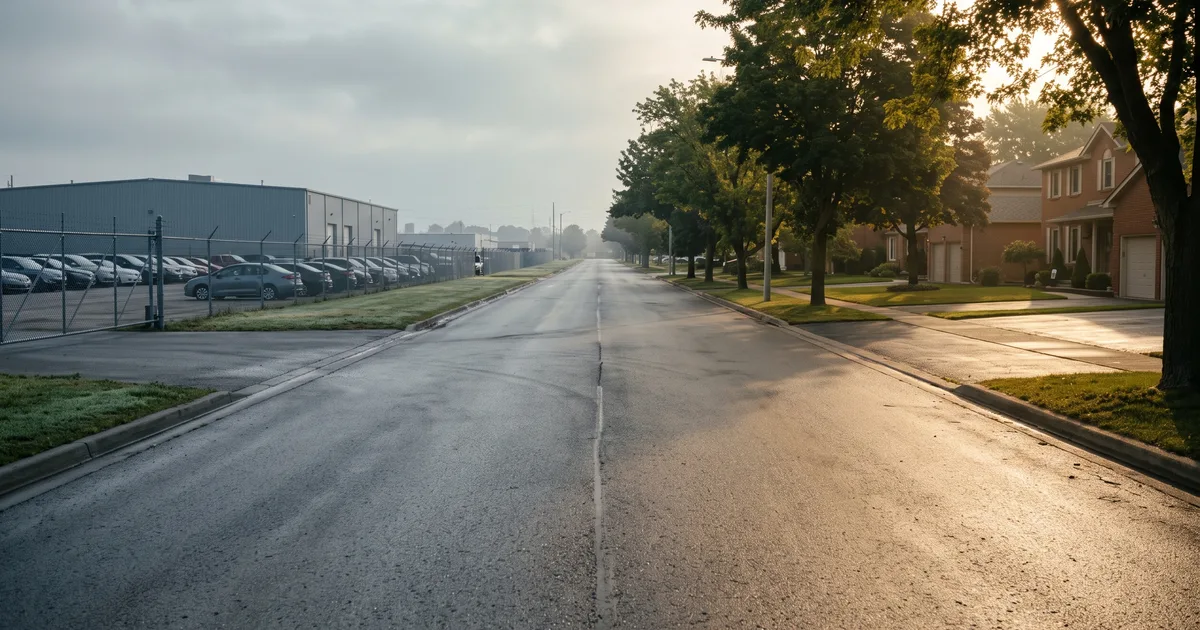 Street dividing a fenced terminal storage lot full of parked cars from a sunny residential neighborhood, illustrating terminal-to-terminal versus door-to-door car shipping