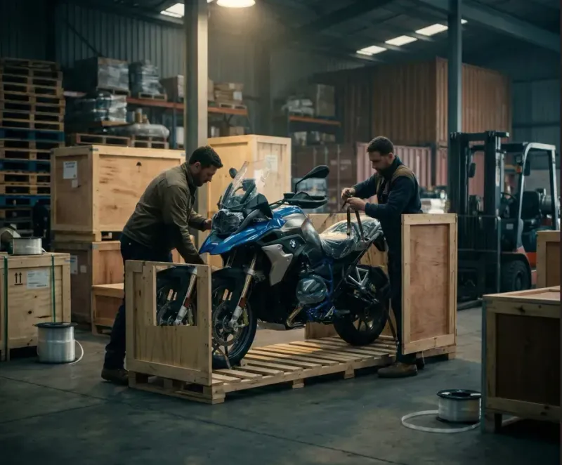 Adventure motorcycle being secured in a wooden shipping crate